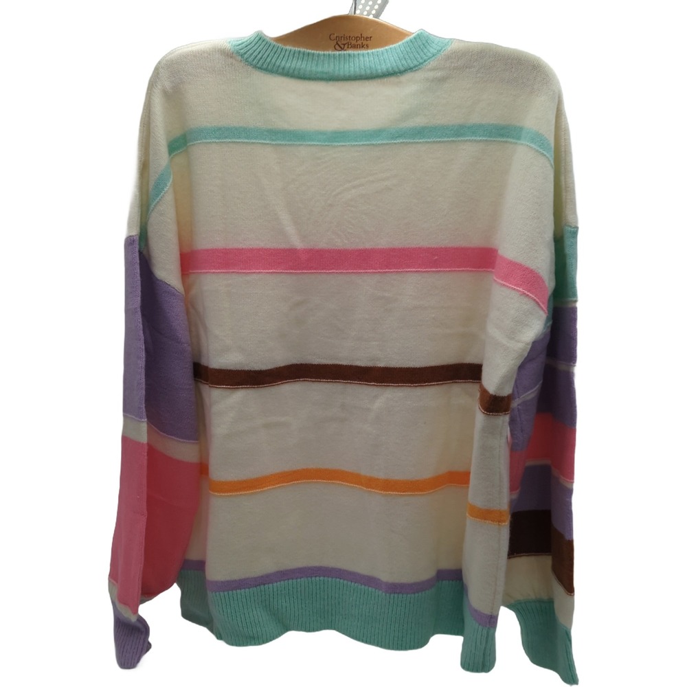 Multi Color Stripe Crew Neck Sweater XL Cream Knit Pullover - Picture 2 of 3